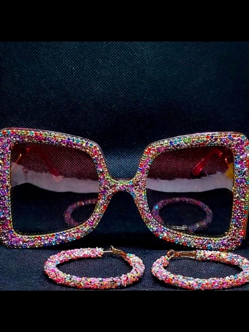 Multicolor Glitter Square Sunglasses and Matching Hoop Earrings